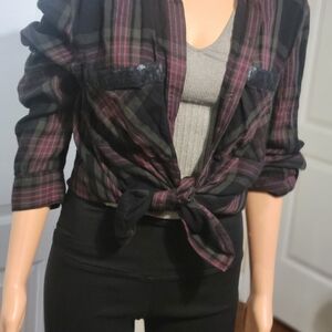 Express Checkered Tie-Front Blouse in Black and Pink